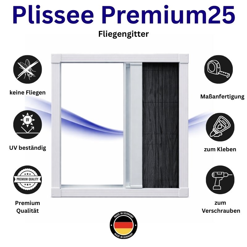 Plissee Premium25 -Insektenschutz Plissee für Fenster (zum schrauben oder kleben)